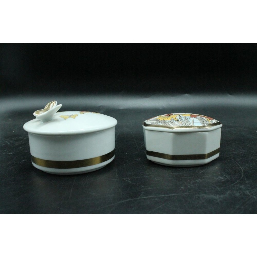 Vtg Auction Trinket Box Butterflies & Flowers White Gold Stripes Lot Of 2